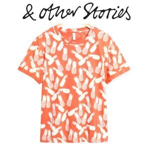 & Other Stories Pineapple Graphic Cotton T Shirt Orange White Summer Size 6